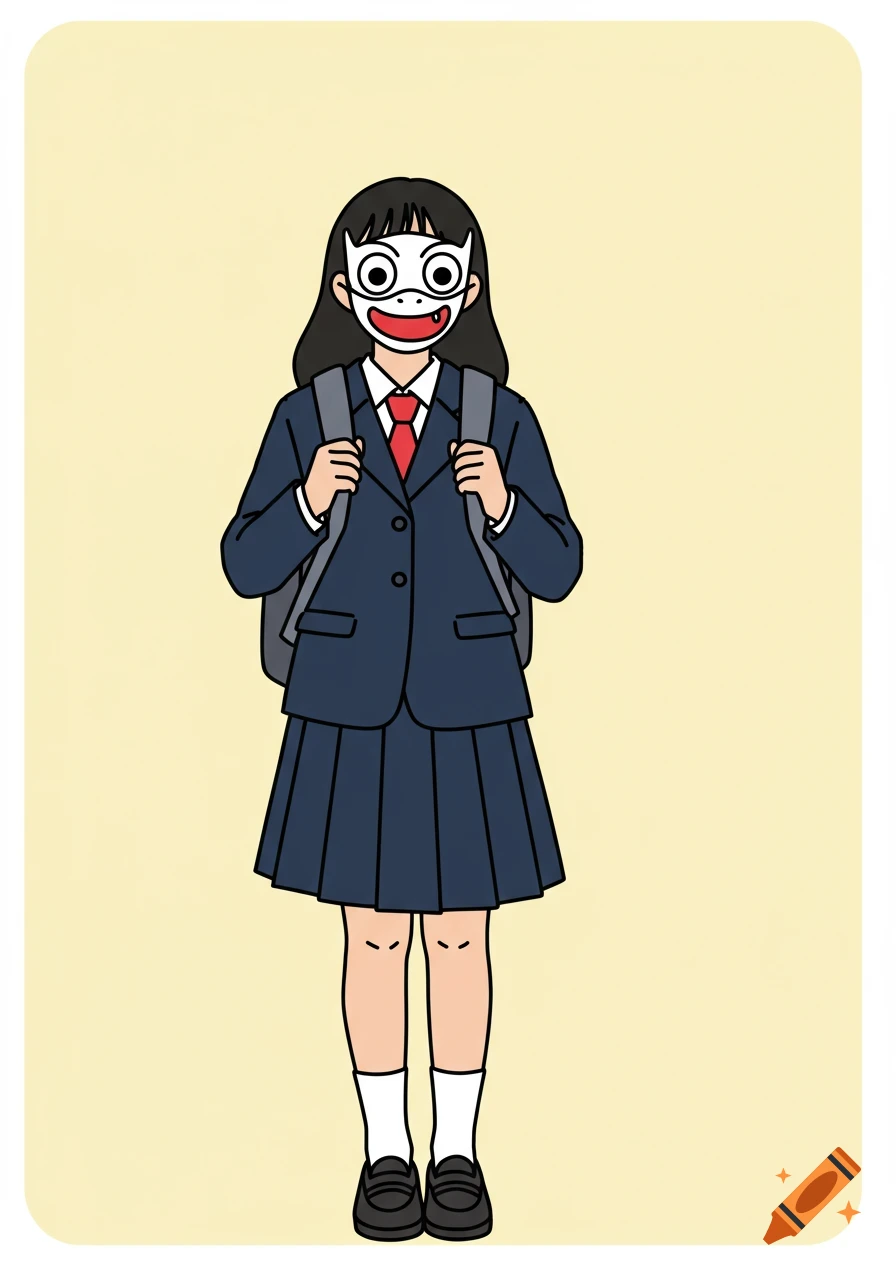 An illustration of a person wearing a dark blue school uniform and a white mask with large eyes and a red smile, carrying a gray backpack.