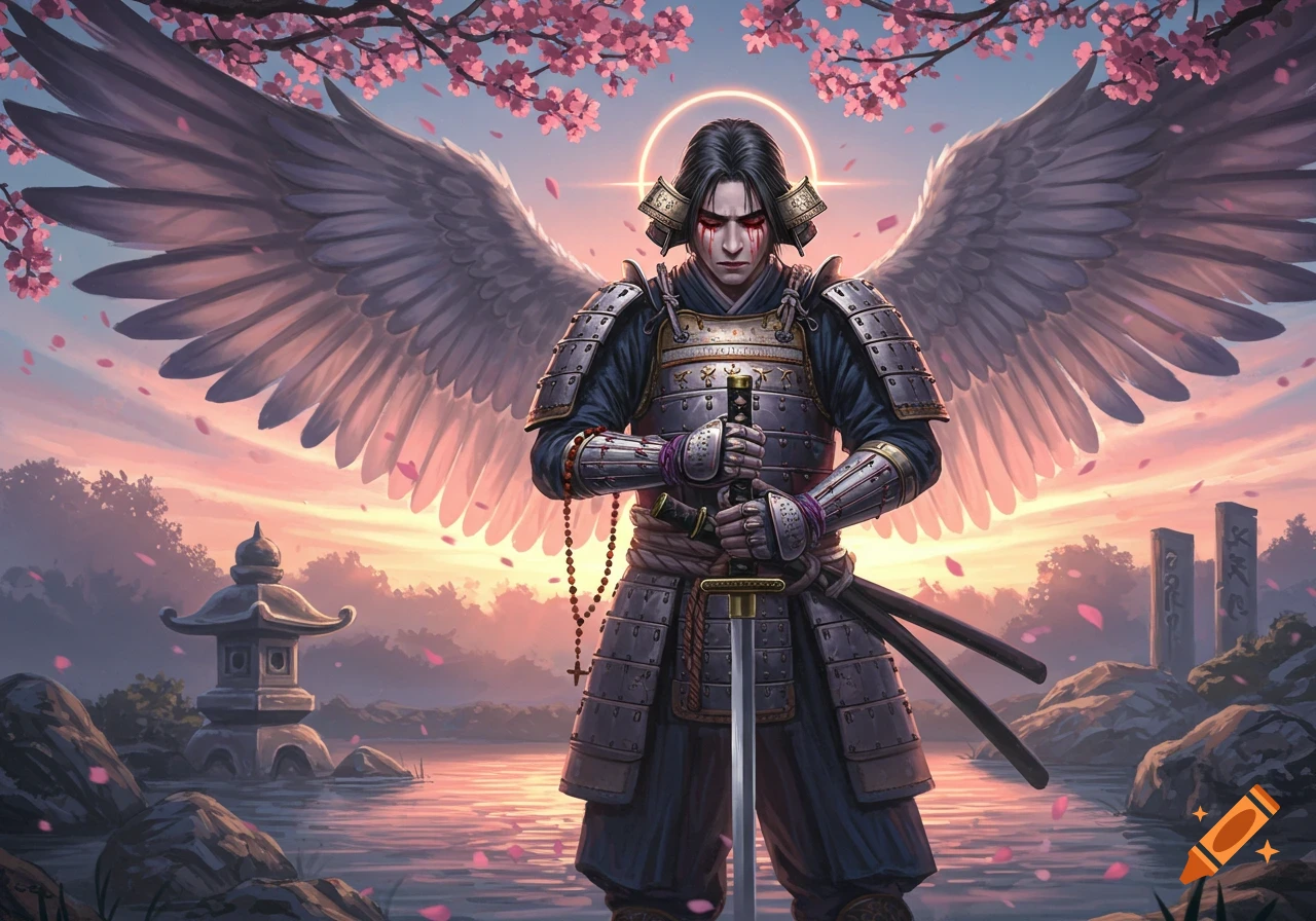 An angel samurai with red tears, wearing armor and holding a sword, stands in a serene landscape with cherry blossoms falling at sunset.