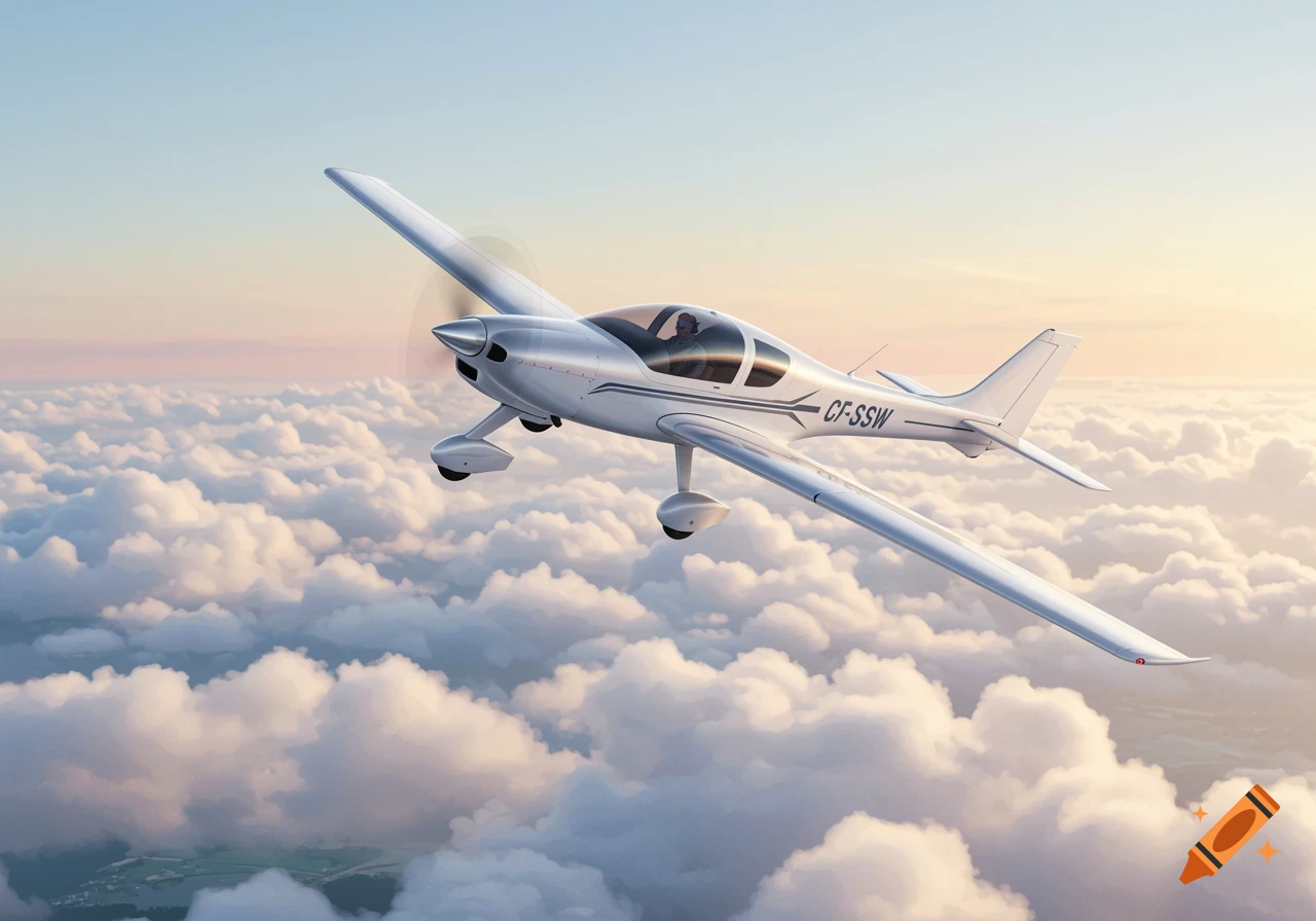 A small white and silver single-engine airplane flies above a layer of fluffy white clouds with a warm sky at sunset.