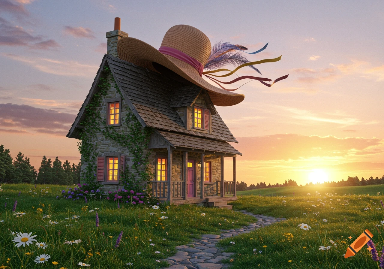 A whimsical stone cottage with a large straw hat on its roof, set in a vibrant green field with wildflowers at sunset.
