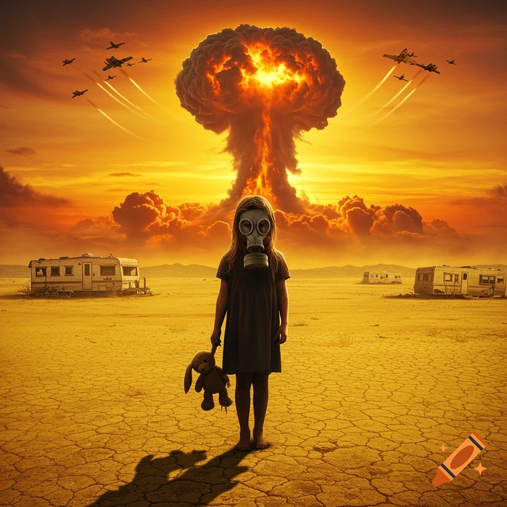 A child in a gas mask holds a bunny in a cracked desert, a nuclear explosion and jets in the orange sky.