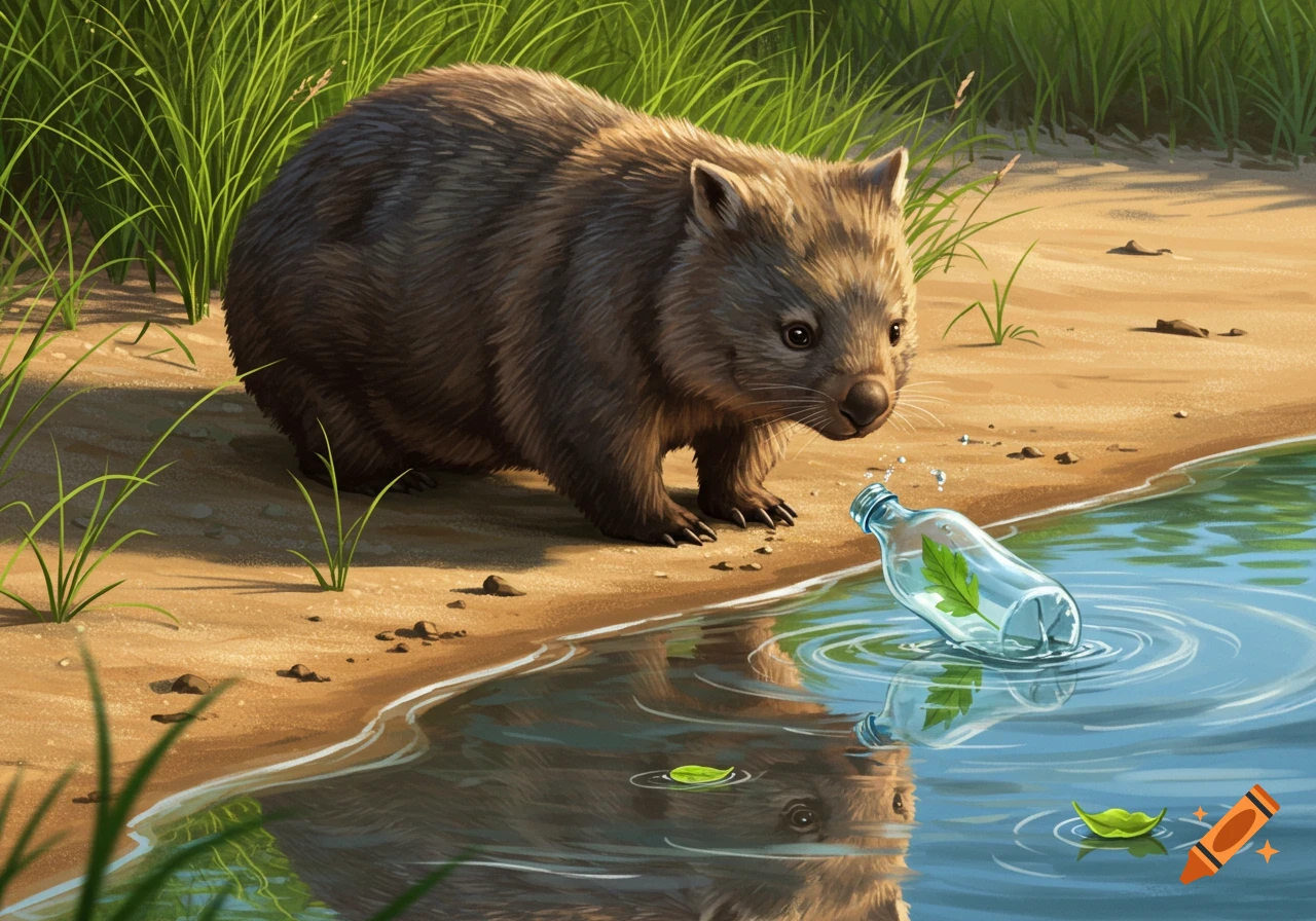 A curious wombat on a sandy riverbank looks at a clear bottle with a green leaf floating in the water. Digital painting.