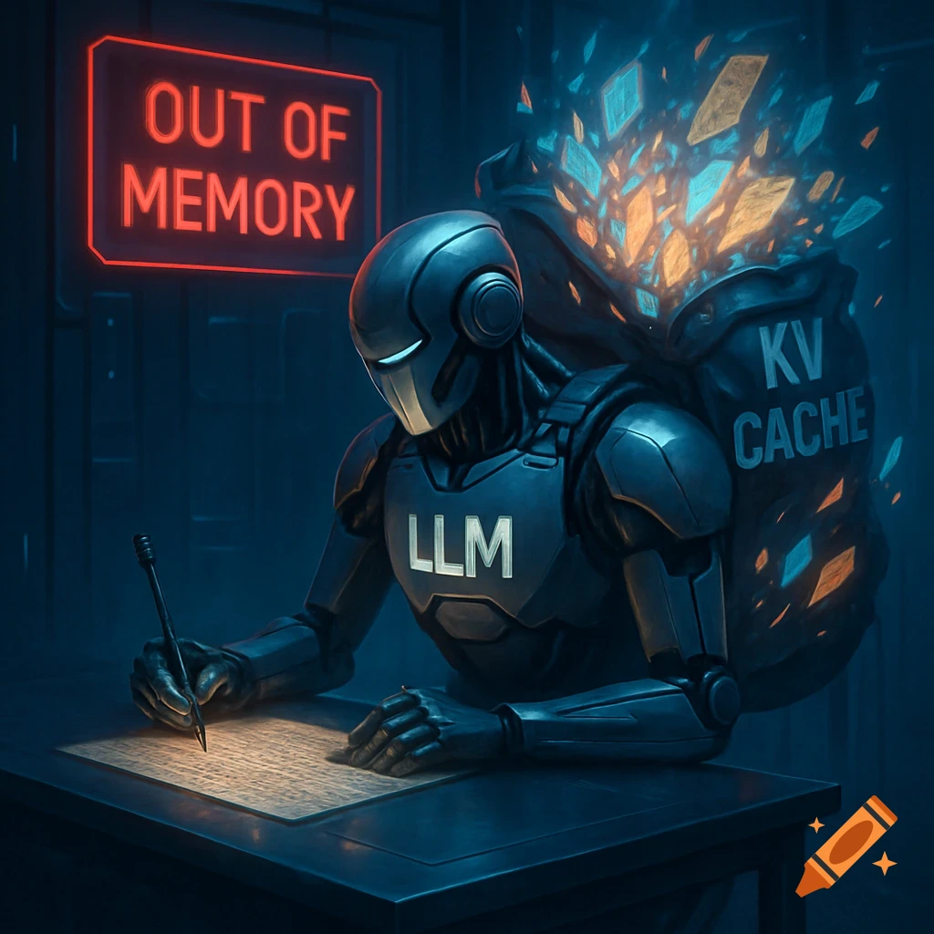 A futuristic LLM robot writes notes at a desk, with a 'KV Cache' backpack and an 'Out of Memory' neon sign.