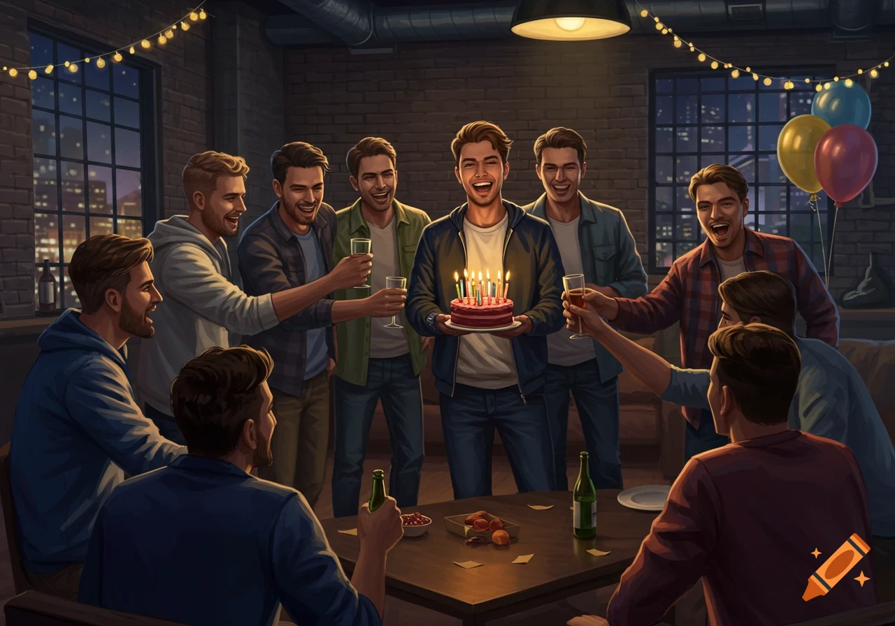 A group of cheerful men celebrate a birthday in a loft apartment, with one man holding a cake with lit candles. Others hold drinks and balloons are visible.