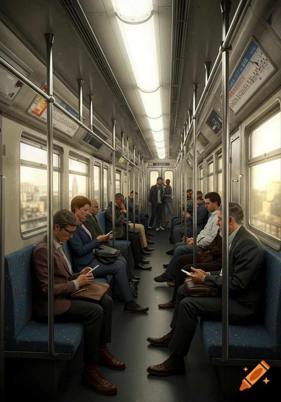 Photorealistic image of passengers inside a train car, sitting on blue seats and looking at their phones.