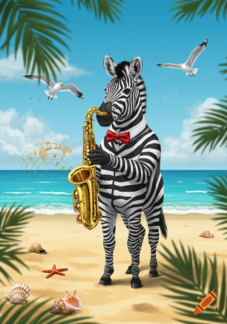 An illustrated zebra in a red bow tie plays a saxophone on a sunny beach with palm leaves, seashells, and seagulls.