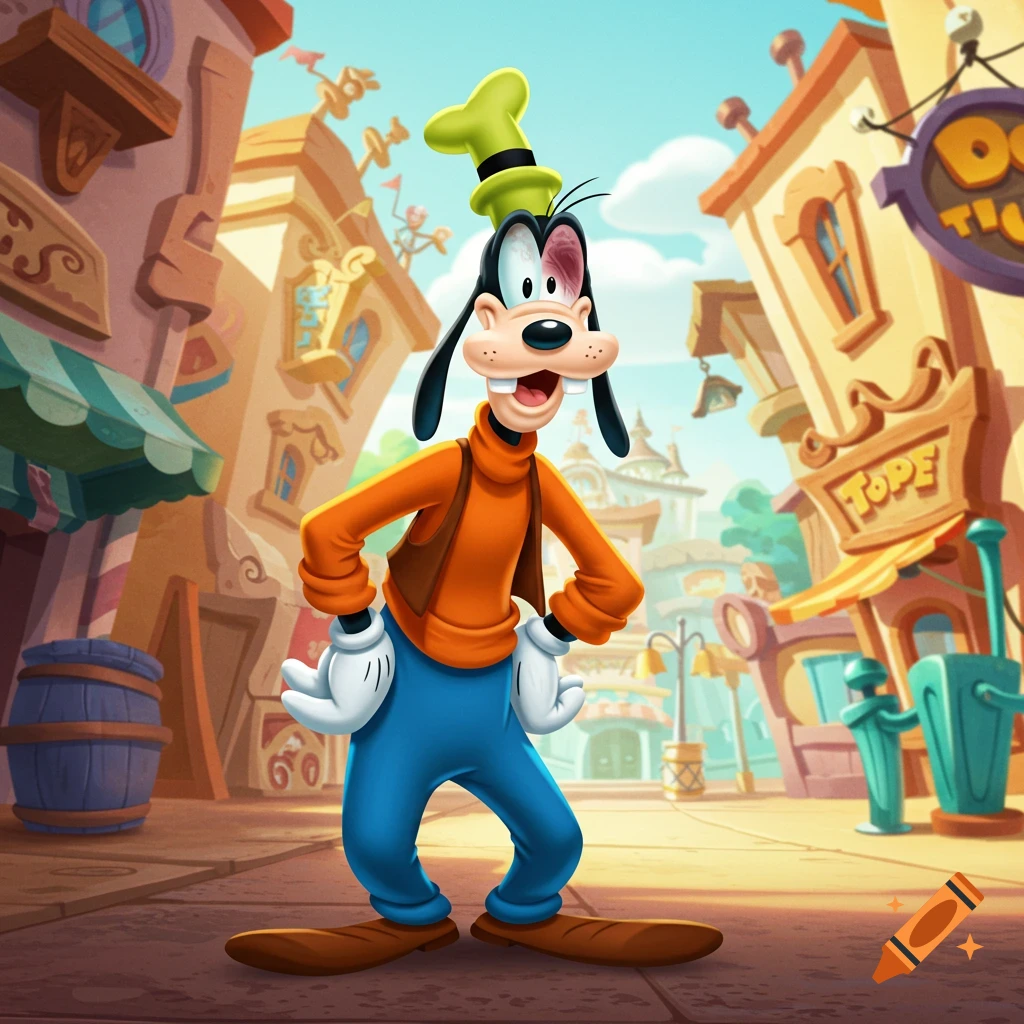 Goofy from Disney stands in a colorful cartoon town with a green hat and an injured eye.