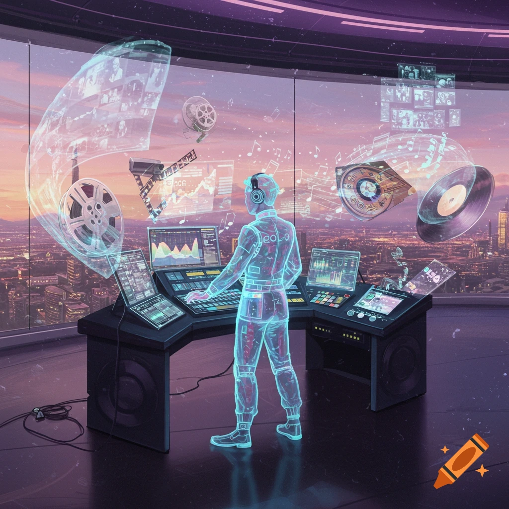 A holographic person in a futuristic high-rise studio, surrounded by glowing digital screens and floating media elements like film reels, music notes, and vinyl records, overseeing a city at sunset.