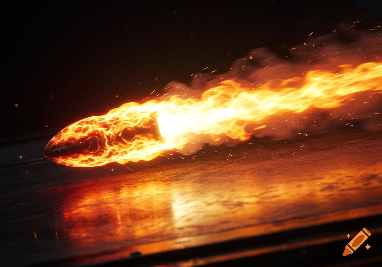A fiery bullet shoots across a dark surface, leaving a bright trail of flames and smoke.