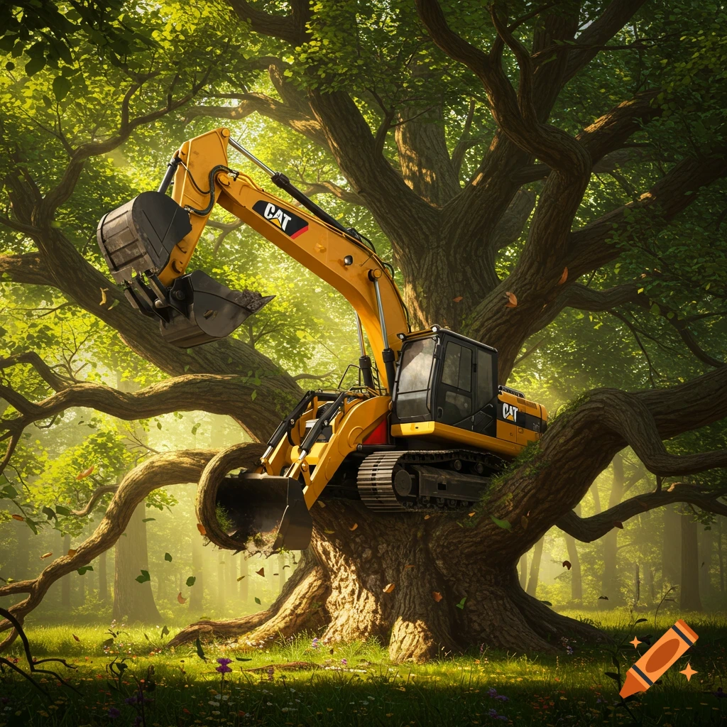 A bright yellow Caterpillar excavator is precariously stuck high up in the gnarled branches of a large, sunlit tree in a lush green forest.