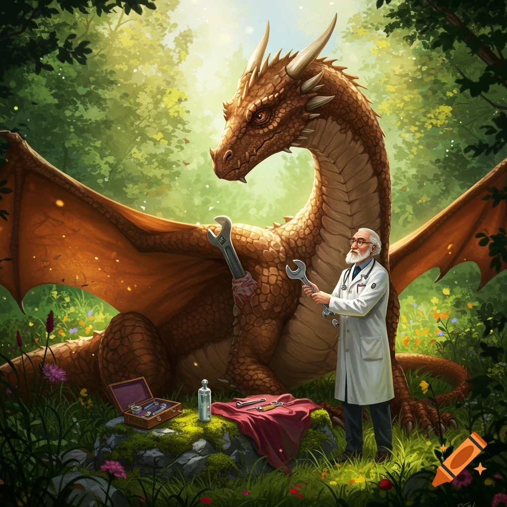 An illustrated doctor holds wrenches while treating a large brown dragon in a green forest.