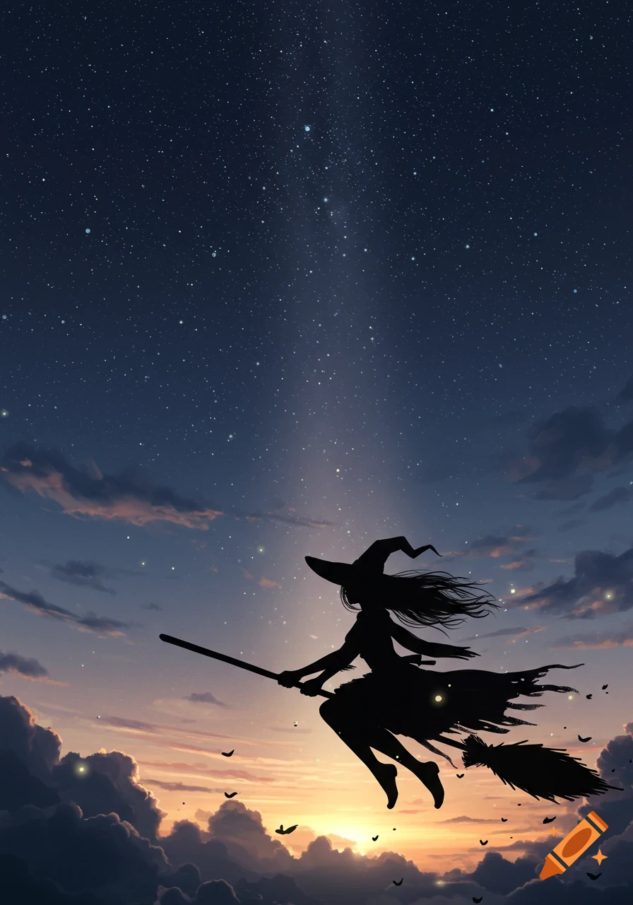 A silhouette of a witch flying on a broomstick against a beautiful starry dusk sky with clouds.