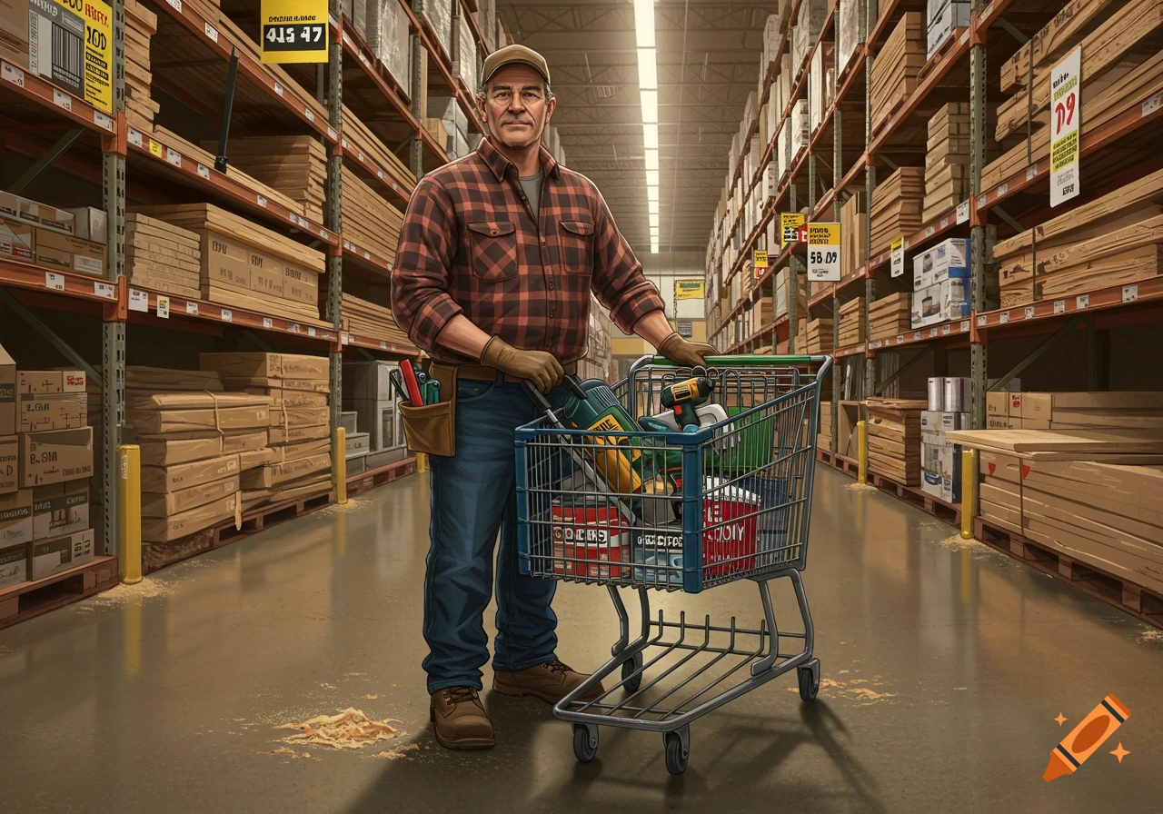 A middle-aged man in a plaid shirt and work gloves pushes a shopping cart full of tools in a well-stocked hardware store aisle.