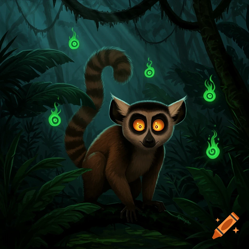 A stylized illustration of a lemur with glowing orange eyes in a dark, lush jungle, surrounded by glowing green spirits.