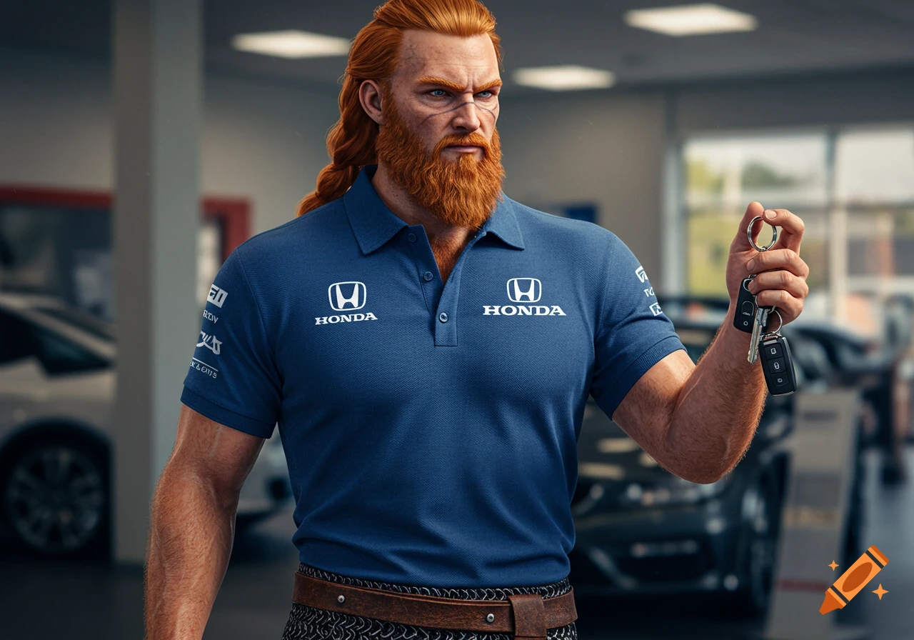 A Viking-like man with red hair and beard wears a blue Honda polo shirt, holding car keys in a dealership.