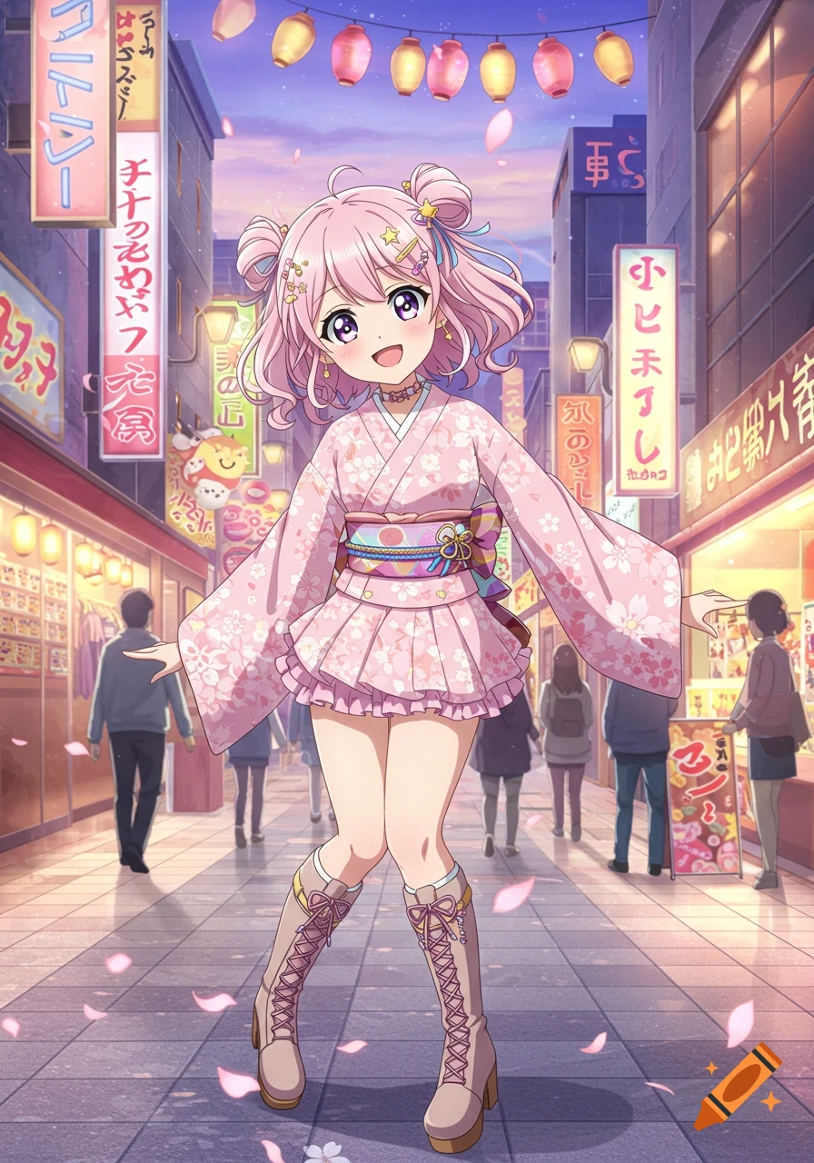 An anime girl with pink hair in a pink floral kimono and boots stands on a bustling Japanese street with lanterns and signs.