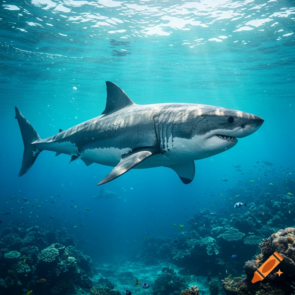 A photorealistic depiction of a great white shark swimming above a vibrant coral reef in clear blue ocean water.