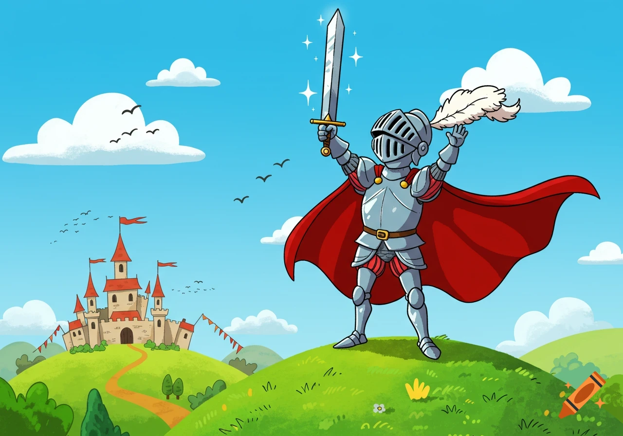 Cartoon knight in shining armor with a red cape holding a sword aloft on a green hill, with a castle in the background.