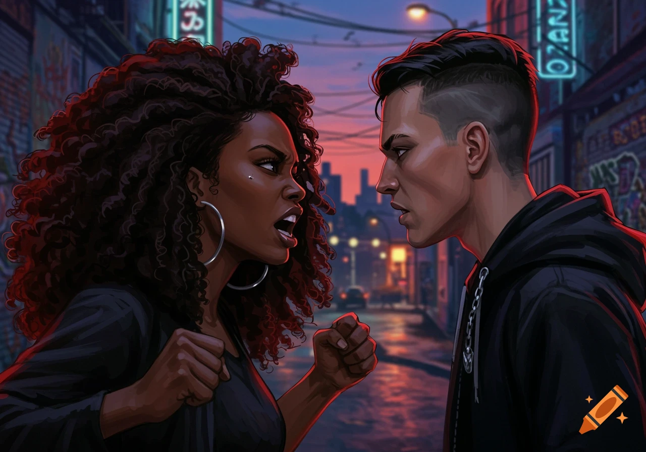 An illustrated dark-skinned woman with curly hair yells at a pale man with short hair in an urban setting at dusk.
