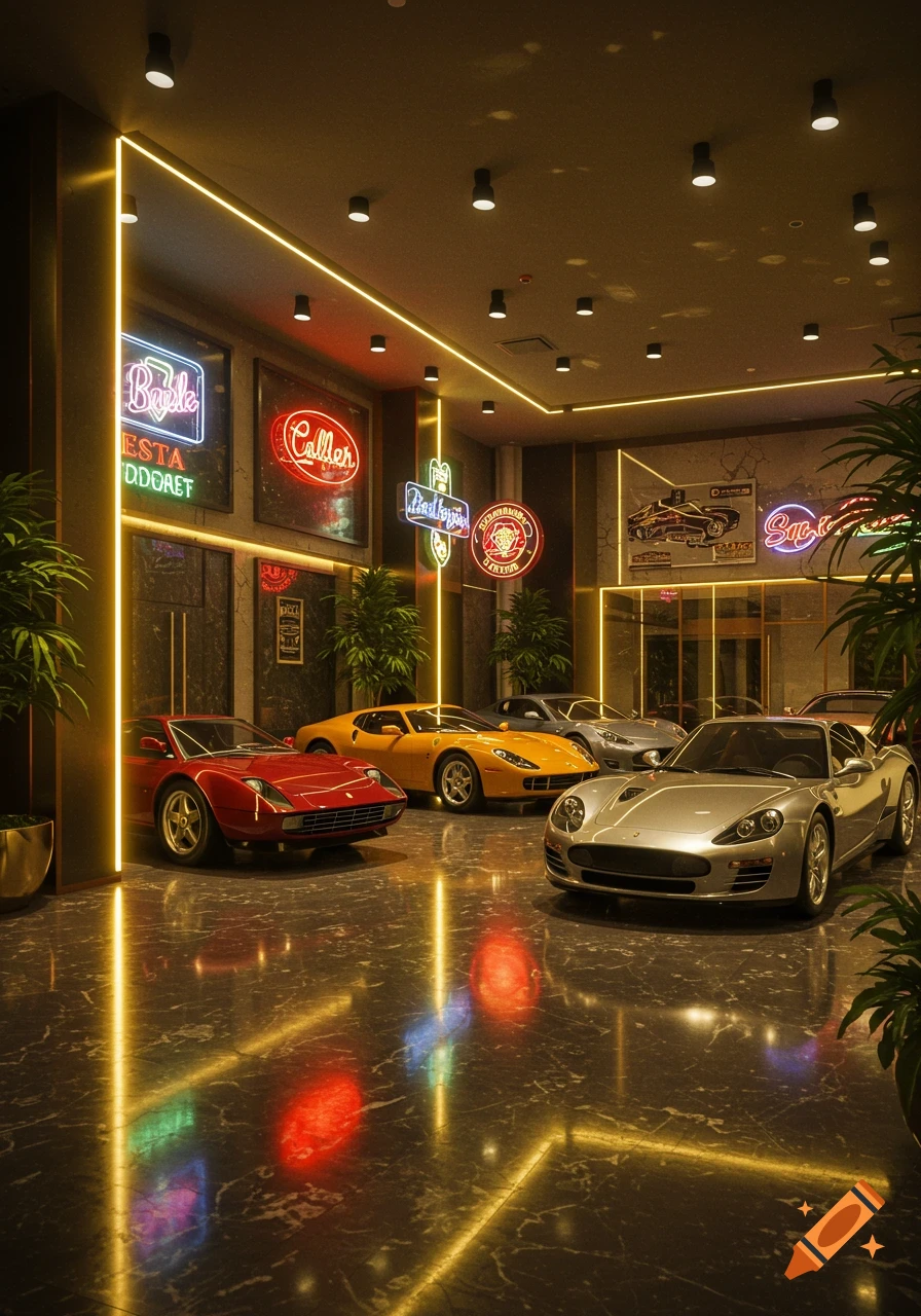 A luxurious car showroom with several sports cars including red, yellow, and silver models, under bright neon and strip lighting.