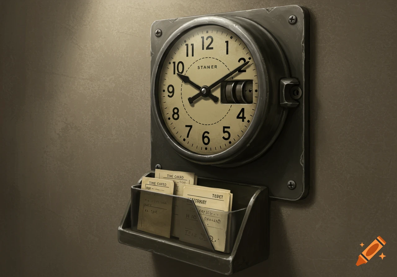 A vintage punch-on time clock with a round face, black numbers, and hands, mounted on a textured wall. Below it is a holder filled with timecards.
