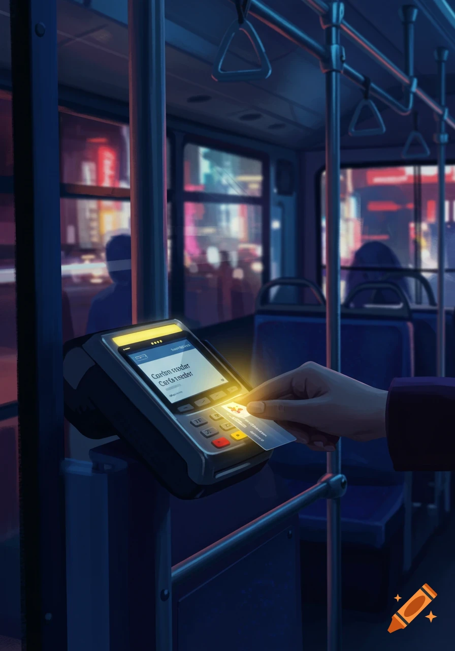 A hand taps a payment card on a card reader inside a dimly lit bus at night, with blurred city lights outside.