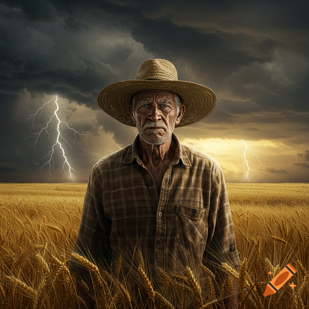 An old farmer with a stern expression stands in a golden wheat field under a stormy sky with lightning.