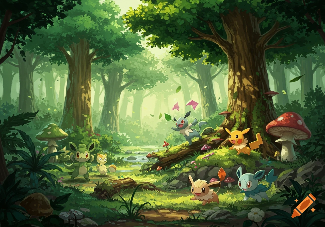 Whimsical illustration of various Pokémon-like creatures playing in a lush, sun-dappled fantasy forest with large trees and mushrooms.