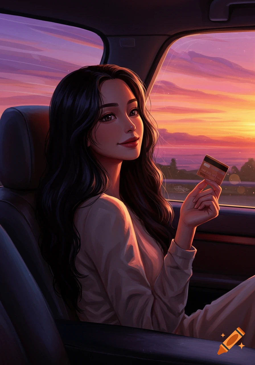 An illustrated portrait of a woman with long dark hair in a car at sunset, holding a bank card.