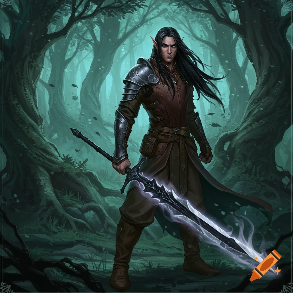A male half-elf with long black hair, wearing armor and a cloak, wields a glowing greatsword in a dark, magical forest.