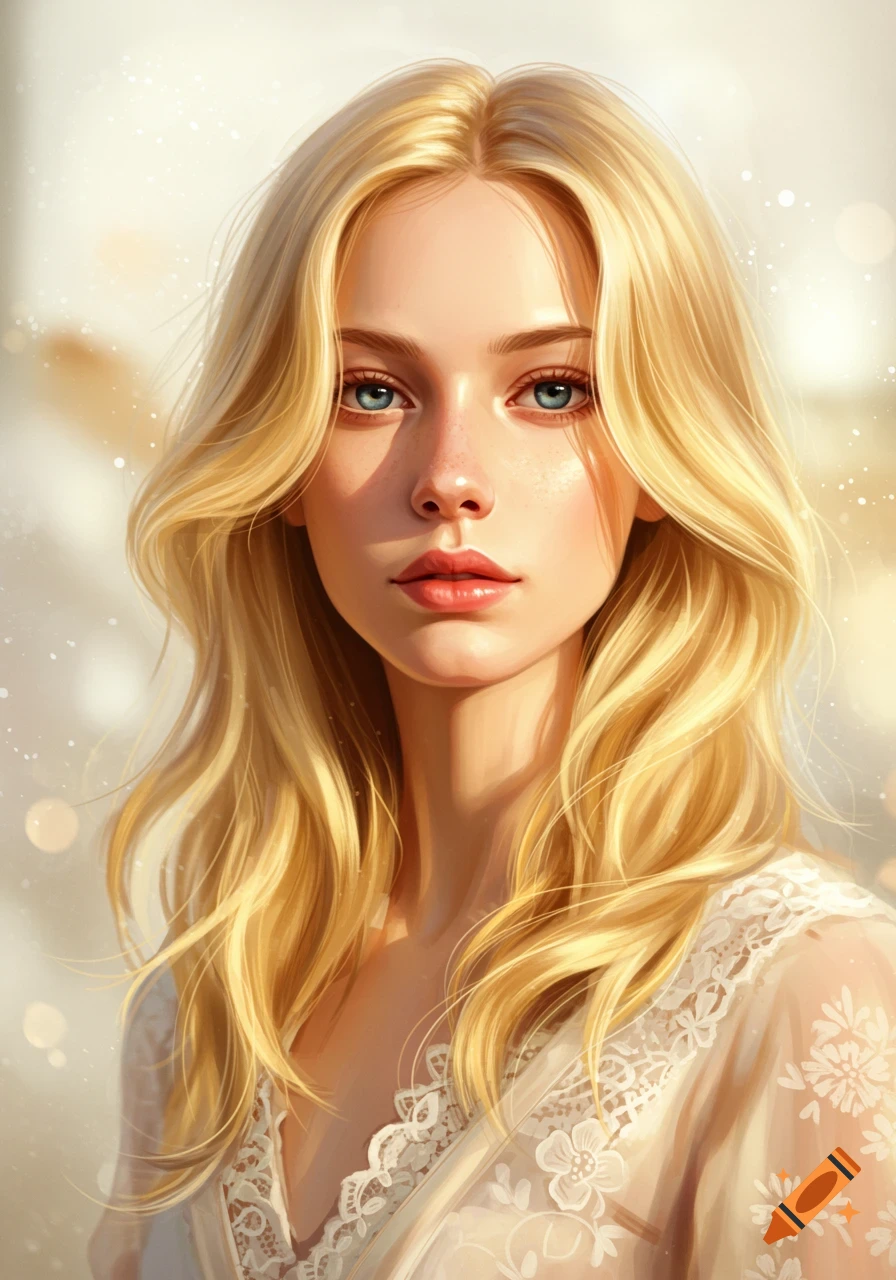 A lifelike digital painting of a fair-skinned woman with long wavy blond hair, blue eyes, and a white lace garment, against a soft, bright background.
