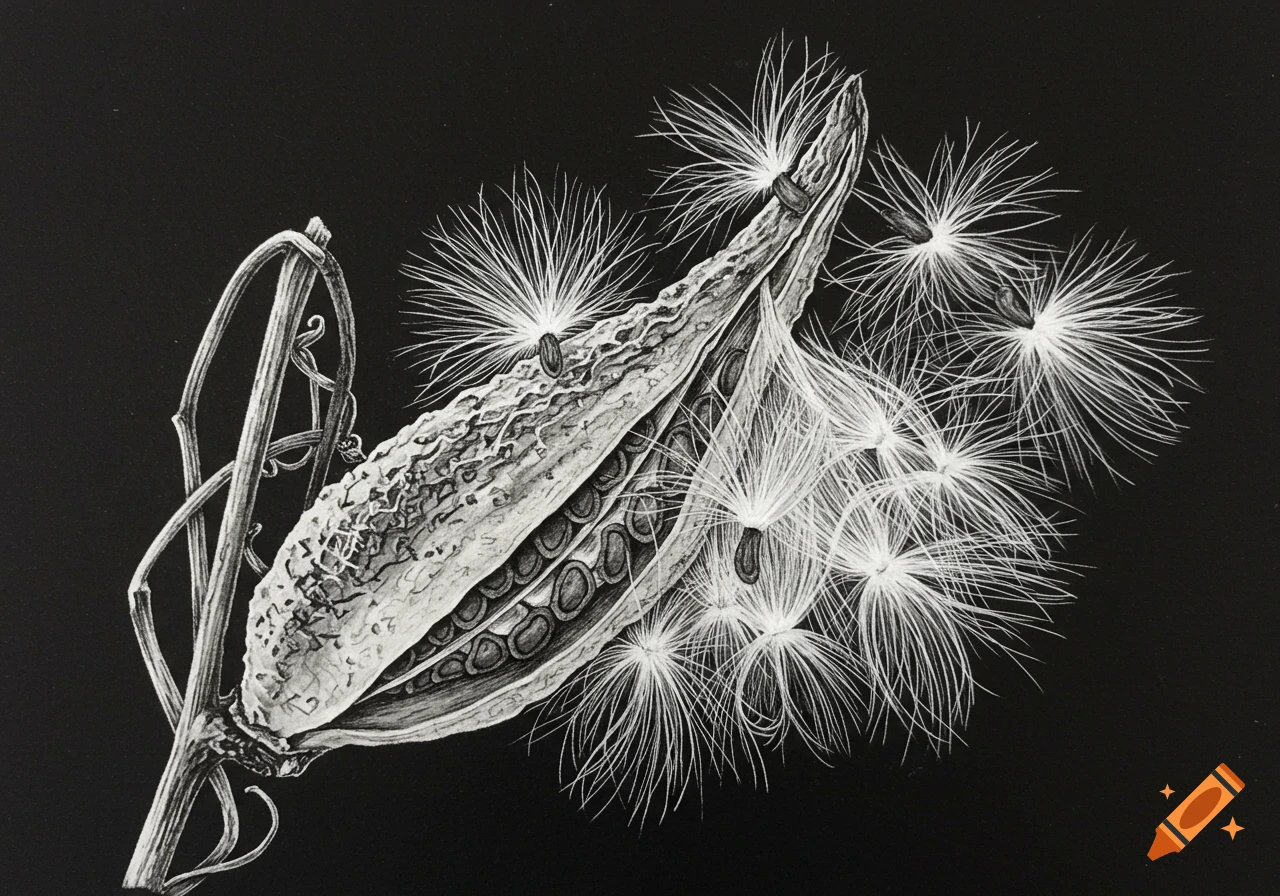 Detailed black and white illustration of an open milkweed pod with seeds and fluffy white fibers spilling out on a dark background.