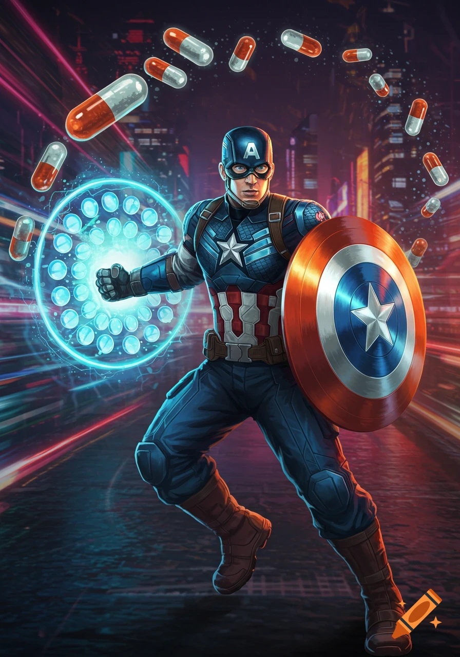 Captain America in his blue, red, and white suit, with his shield, generating a blue energy field. Pills float around him against a neon cityscape background.