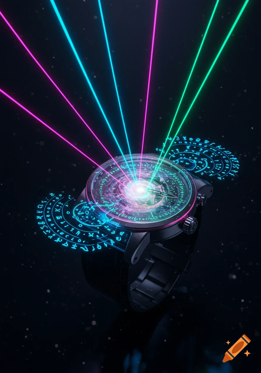 A dark image of a futuristic watch with a vibrant glowing face, emitting bright pink, blue, and green laser beams upwards. Glowing blue mystical symbols surround the watch.