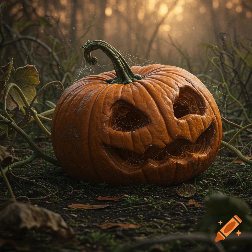 A carved jack-o'-lantern pumpkin covered in spiderwebs sits on dark forest ground with glowing sunlight in the background.