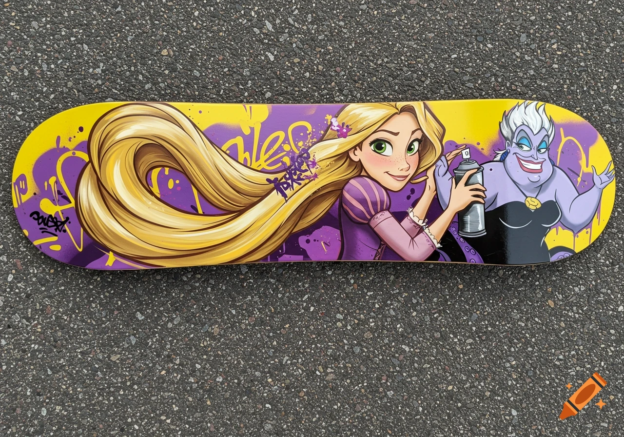 A skateboard deck featuring stylized art of Disney's Rapunzel and Ursula, with Rapunzel holding a spray can amidst purple and yellow graffiti.