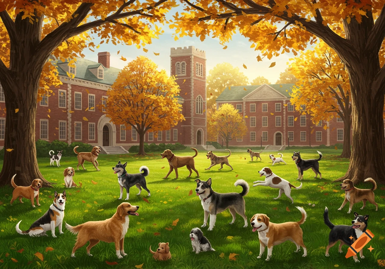 Numerous dogs of various breeds walk and play on a green lawn in front of a red-brick university campus building during autumn.