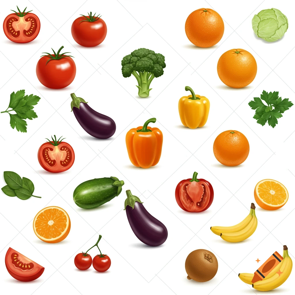A seamless pattern of various photorealistic fruits and vegetables like tomatoes, oranges, bananas, and bell peppers on a white background with a geometric grid.