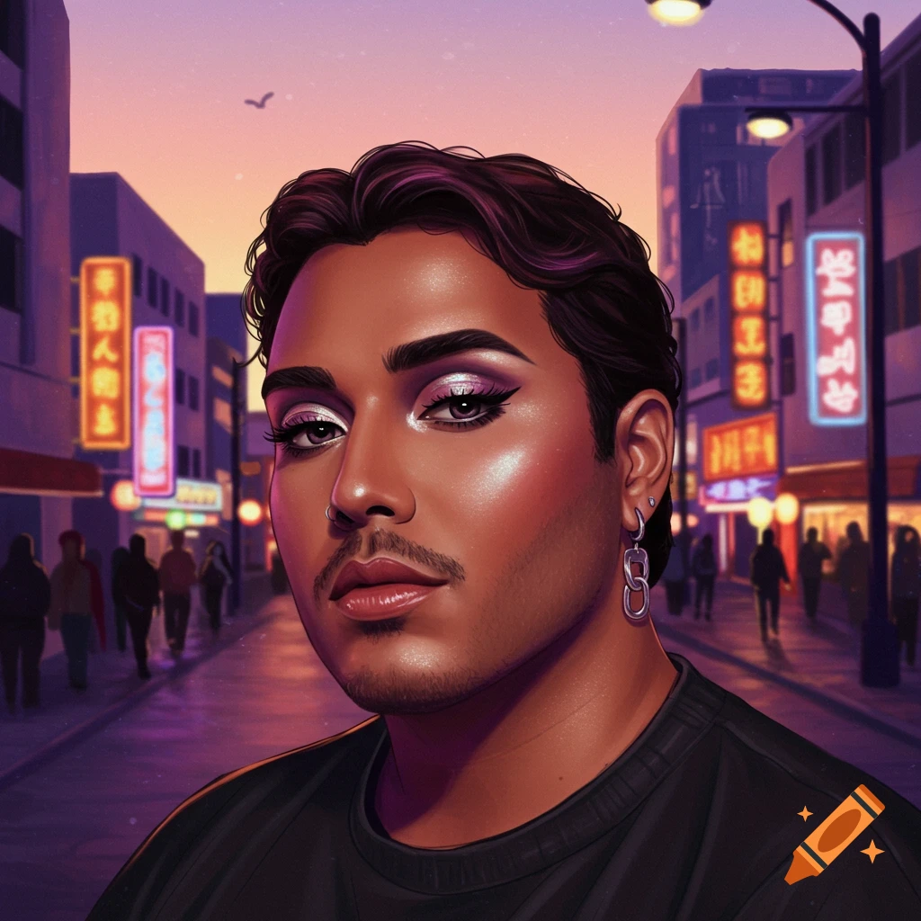 A man with dark hair, a mustache, and dramatic silver and pink eye makeup stands on a city street at sunset, with neon signs in the background. The art style is painterly.