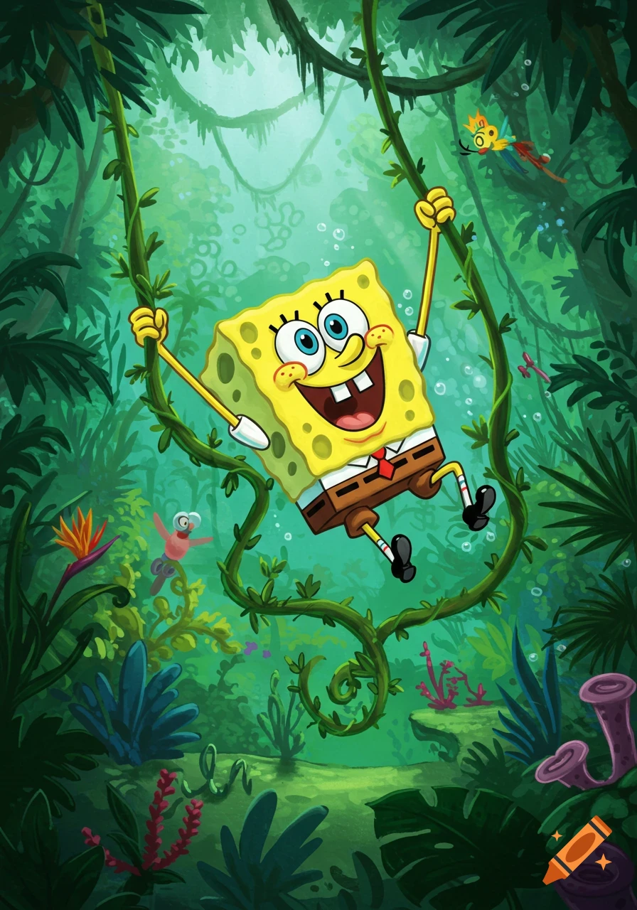 SpongeBob SquarePants happily swings on a vine in a vibrant, lush jungle. Patrick Star and a parrot are also visible in the background.