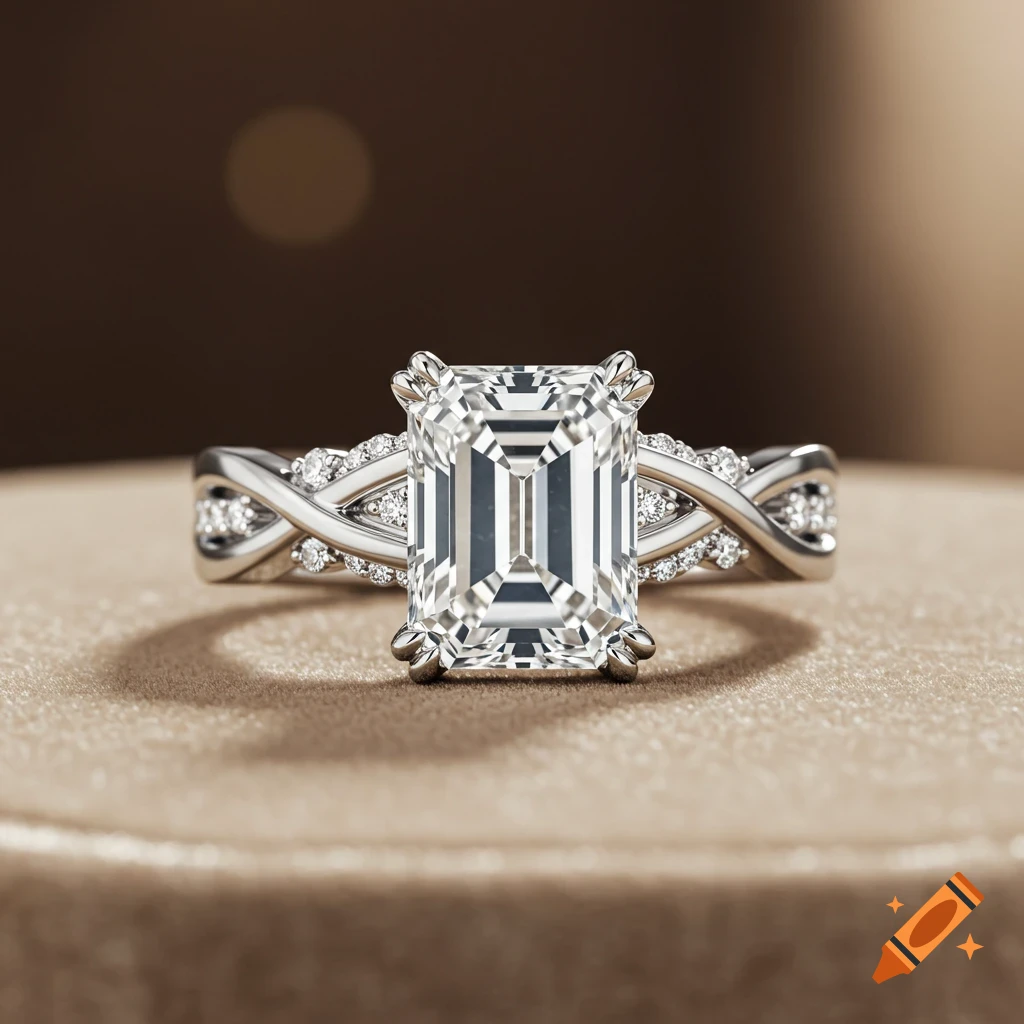 A photorealistic close-up of an emerald cut diamond engagement ring with a bypass setting.