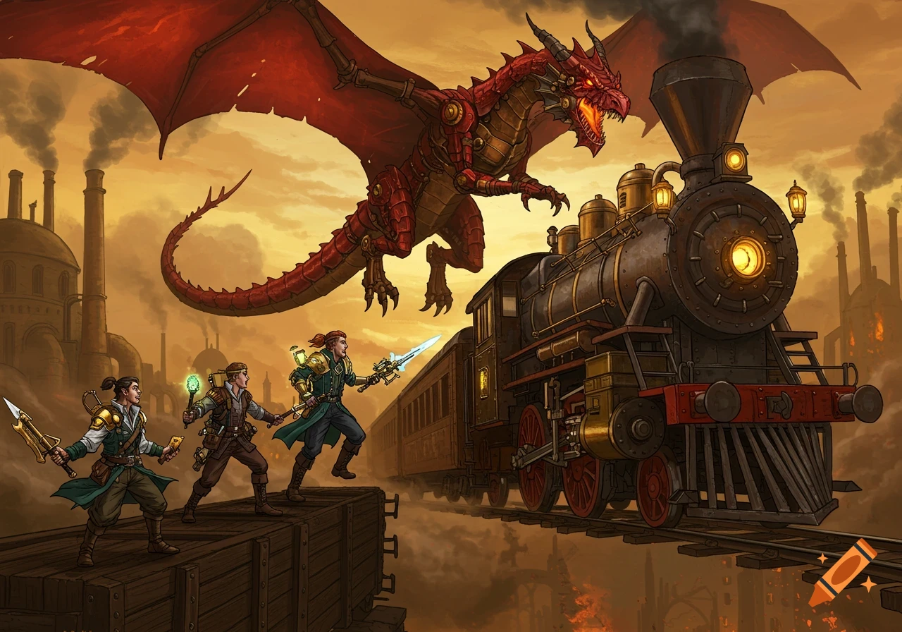 A red steampunk dragon attacks a steam train with three adventurers on board, set against an industrial city at sunset in an animated style.