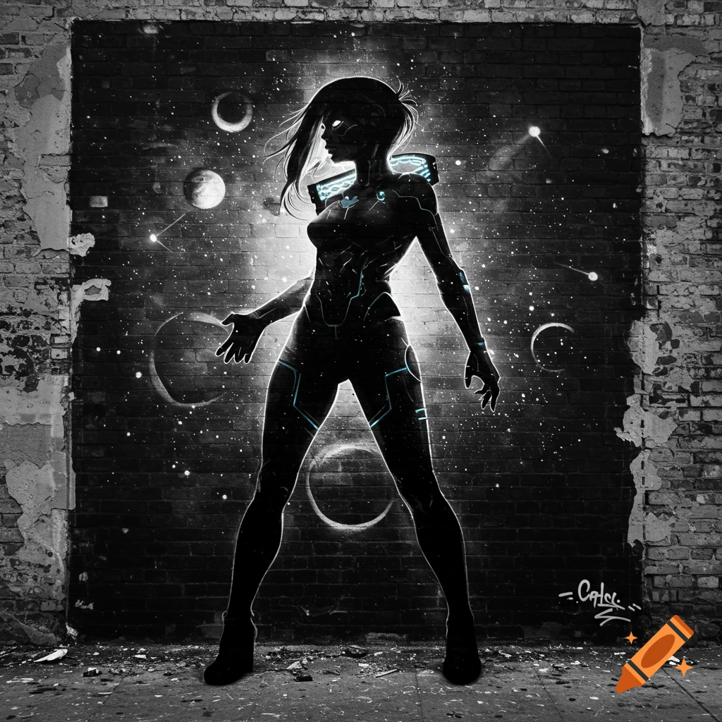 Black and white graffiti of a silhouetted cyberpunk woman with glowing blue accents standing against a cosmic brick wall.