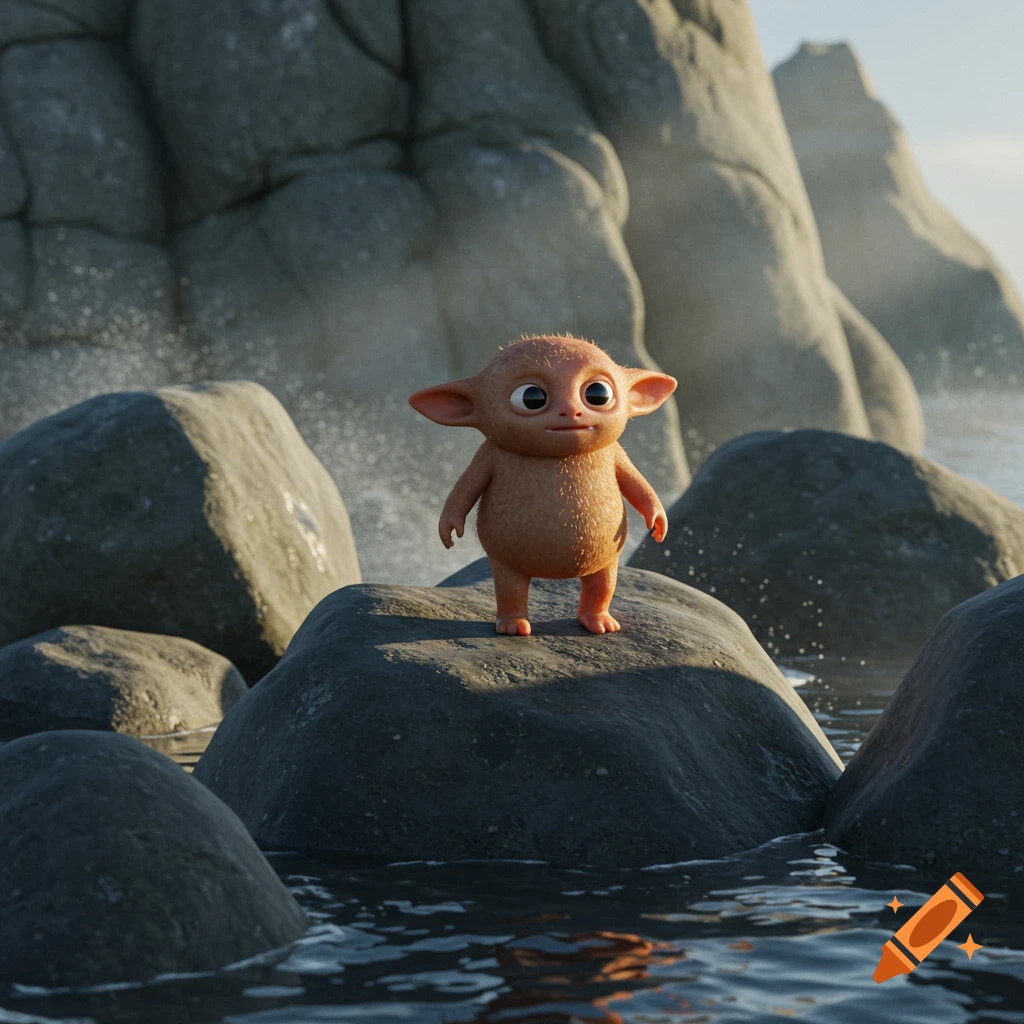 A cute, big-eyed, reddish-orange fantasy creature stands on a rock by the ocean with large rock formations in the background, 3D render.