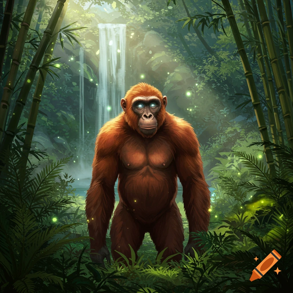 An illustrated powerful, brown-furred ape with glowing blue eyes stands in a lush, green jungle with a waterfall.