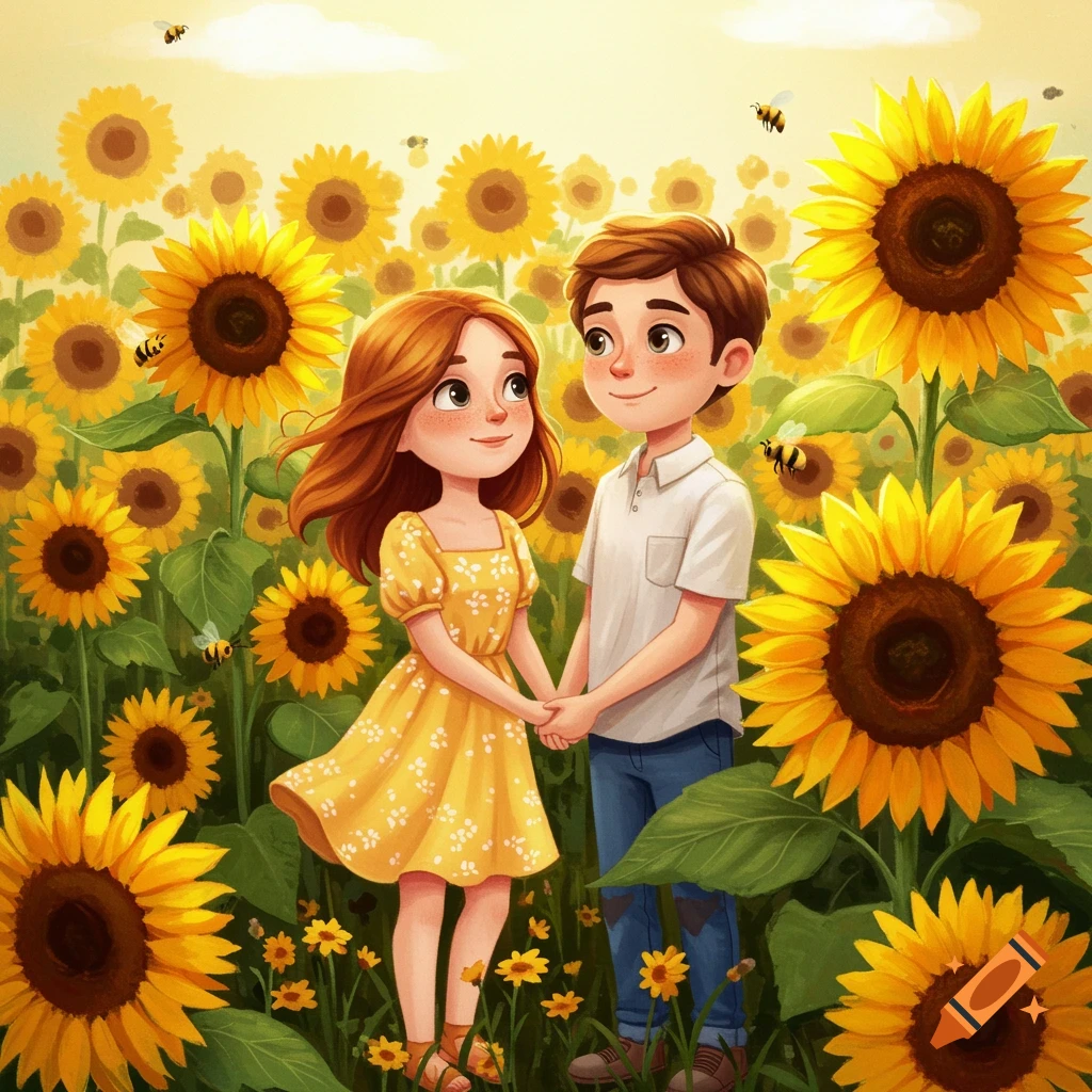A cute cartoon couple holding hands in a bright field of yellow sunflowers with bees flying around.