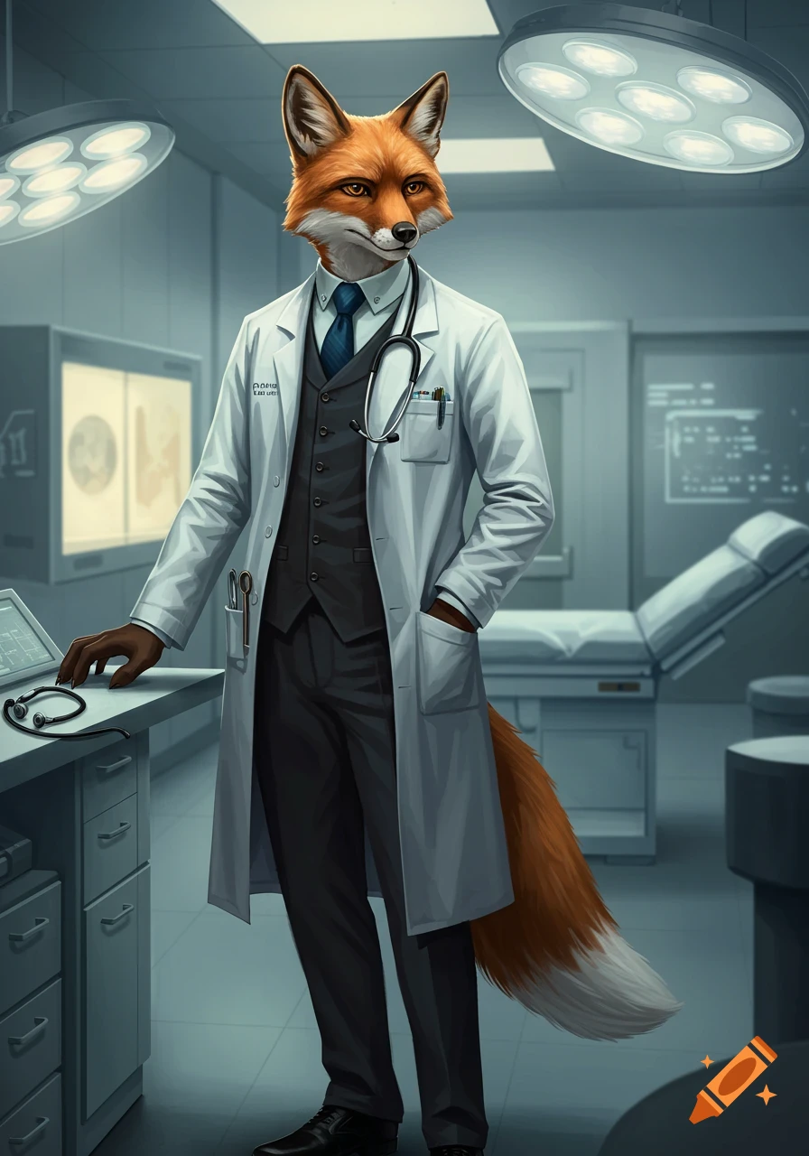A lean, anthropomorphic fox doctor in a white lab coat and stethoscope stands in an operating room.
