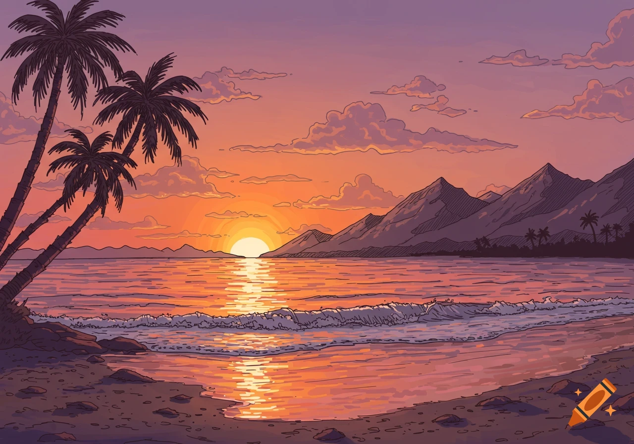 Hand-drawn illustration of a vibrant sunset over a tropical beach with palm trees and mountains in the distance.