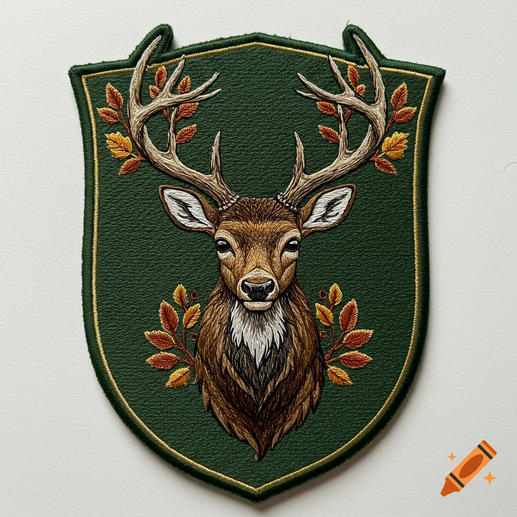 Embroidered green patch featuring a realistic deer head with antlers and autumn leaves.