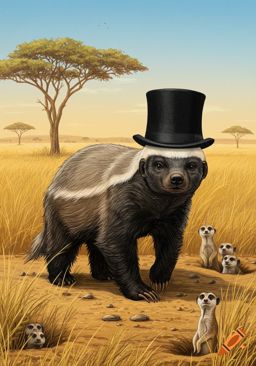 An illustrative image of a honey badger wearing a black top hat, standing in a savanna with several meerkats in the foreground.